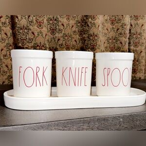 RAE DUNN ceramic kitchen/dining utensil holders 4 piece set FORK KNIFE SPOON red
